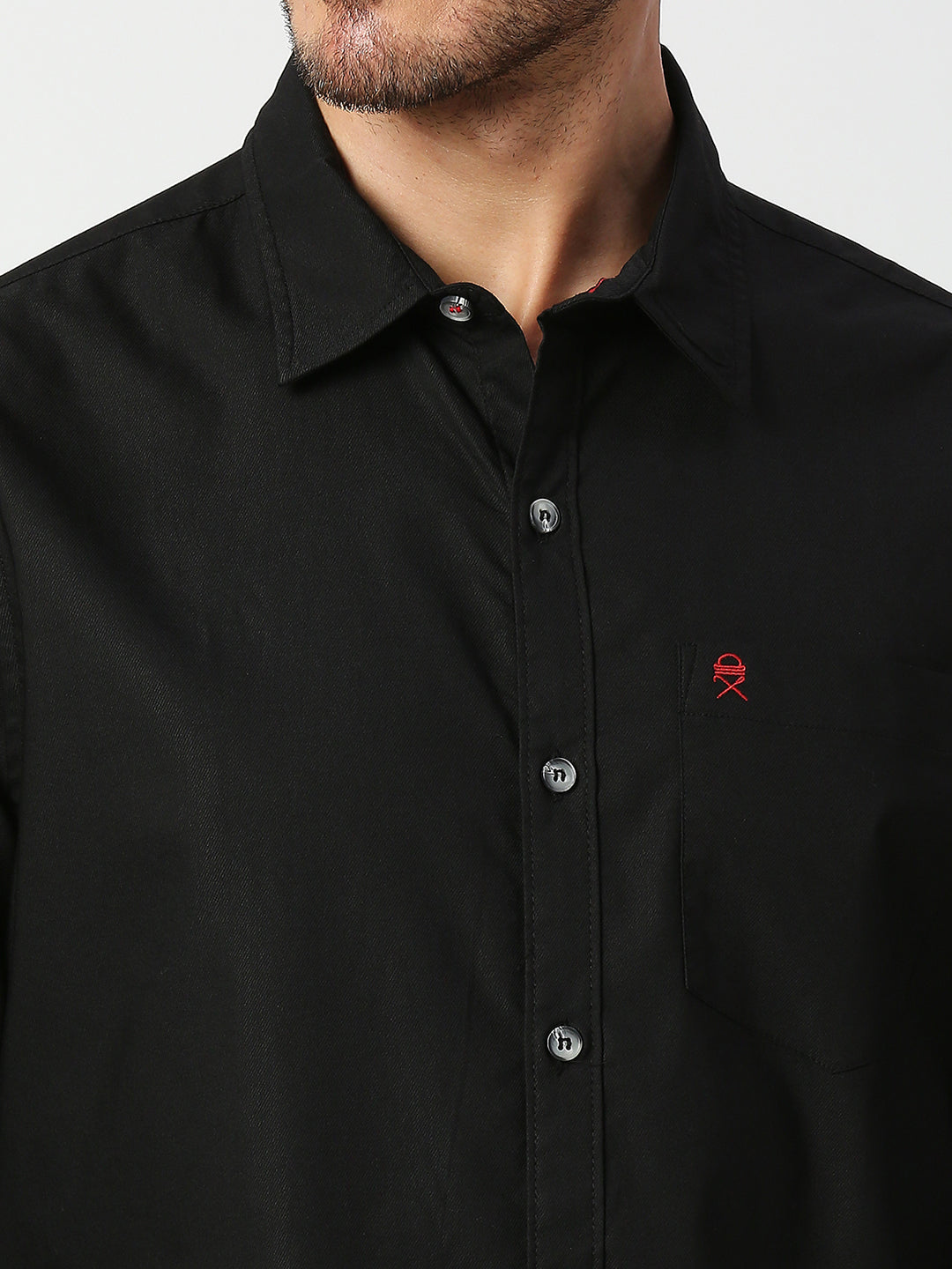 Thomas Scott Men Black Slim Fit Long Sleeves Spread Collar Solid Cotton Casual Shirt