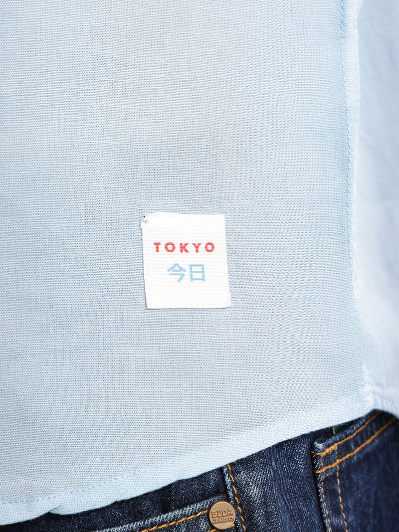 Thomas Scott Men Sky Blue Slim Fit Short Sleeves Spread Collar Solid Cotton Linen Casual Shirt