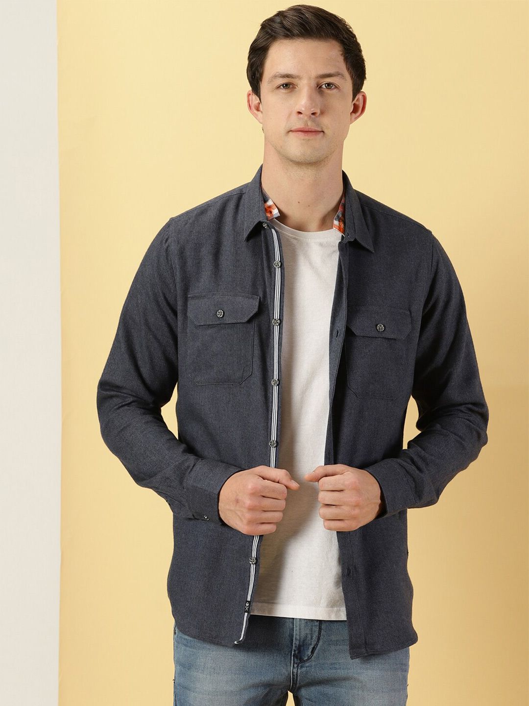 Navy Smart Slim Fit Flannel Casual Shirt For Men