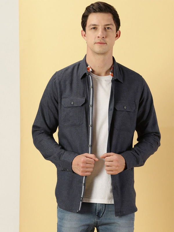 Navy Smart Slim Fit Flannel Casual Shirt For Men