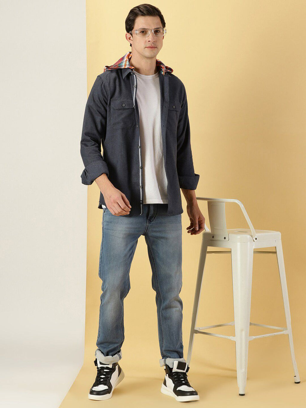 Navy Smart Slim Fit Flannel Casual Shirt For Men