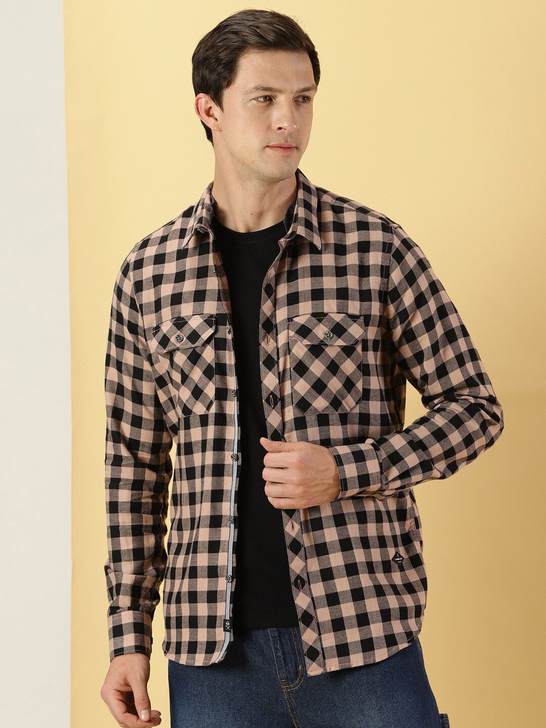 Peach Smart Slim Fit Gingham Checked Flannel Casual Shirt For Men