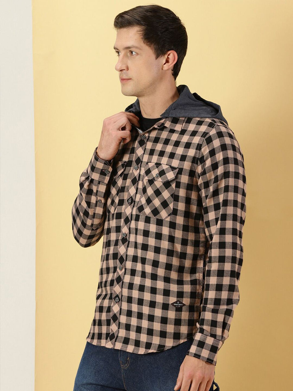 Peach Smart Slim Fit Gingham Checked Flannel Casual Shirt For Men