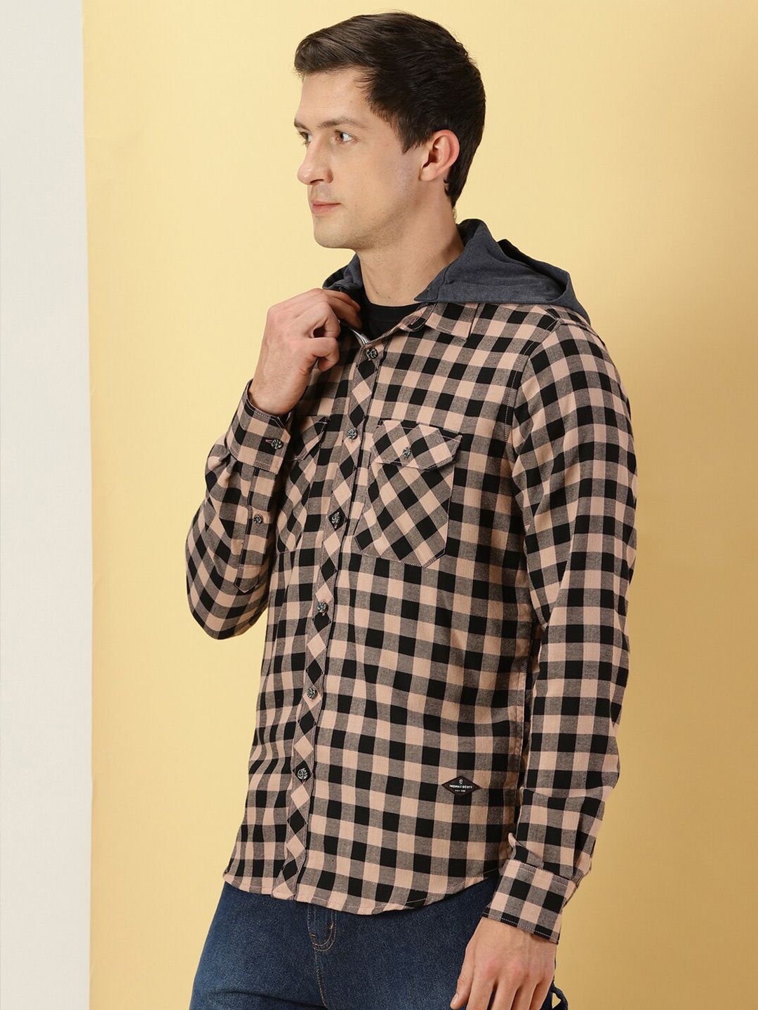 Peach Smart Slim Fit Gingham Checked Flannel Casual Shirt For Men
