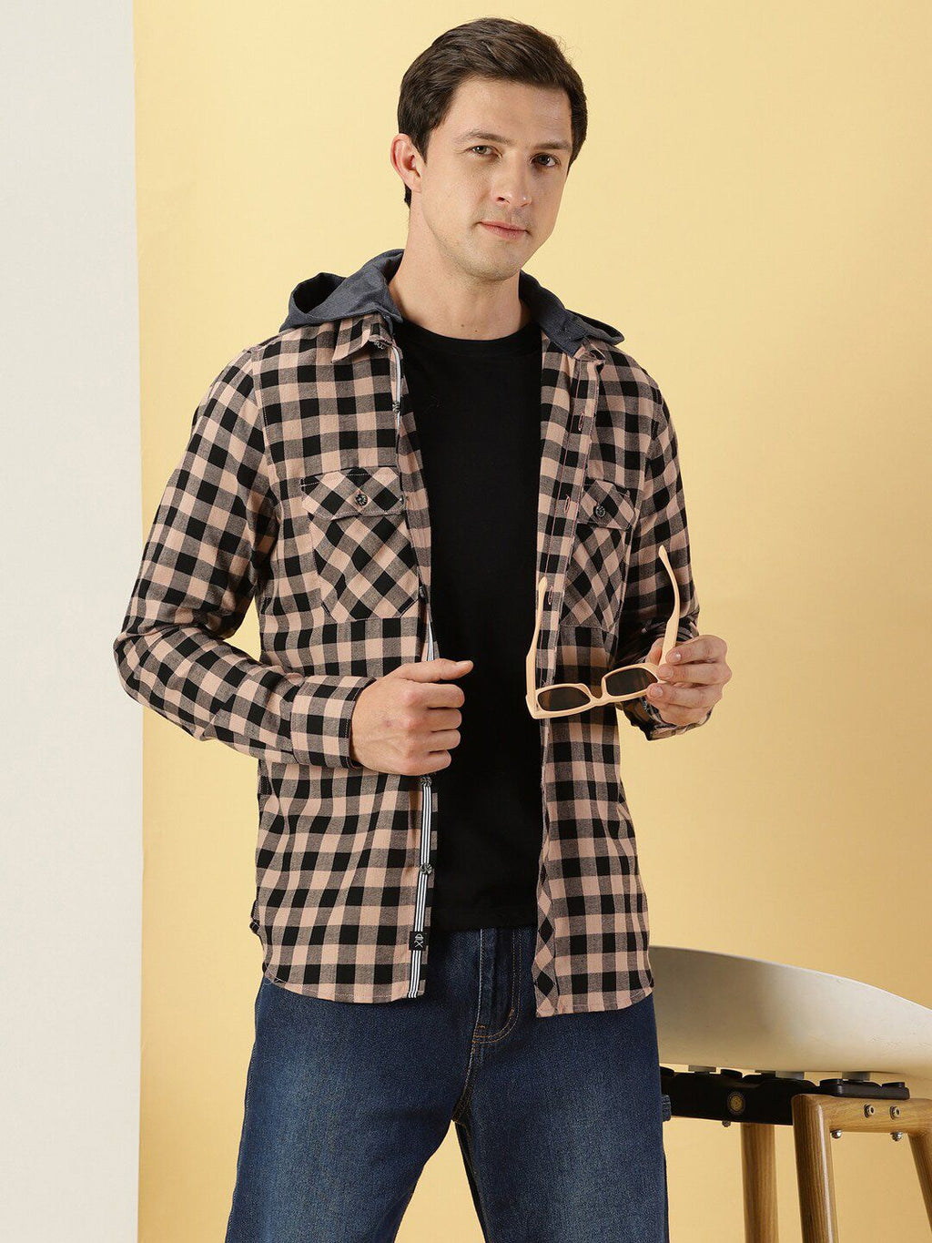Peach Smart Slim Fit Gingham Checked Flannel Casual Shirt For Men