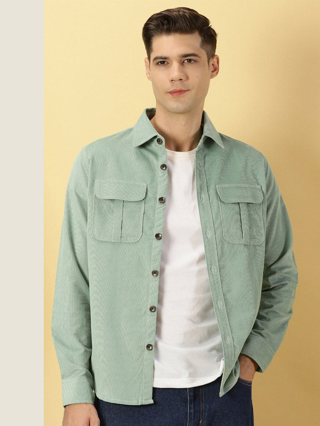 Green Premium Slim Fit Corduroy Casual Shirt For Men