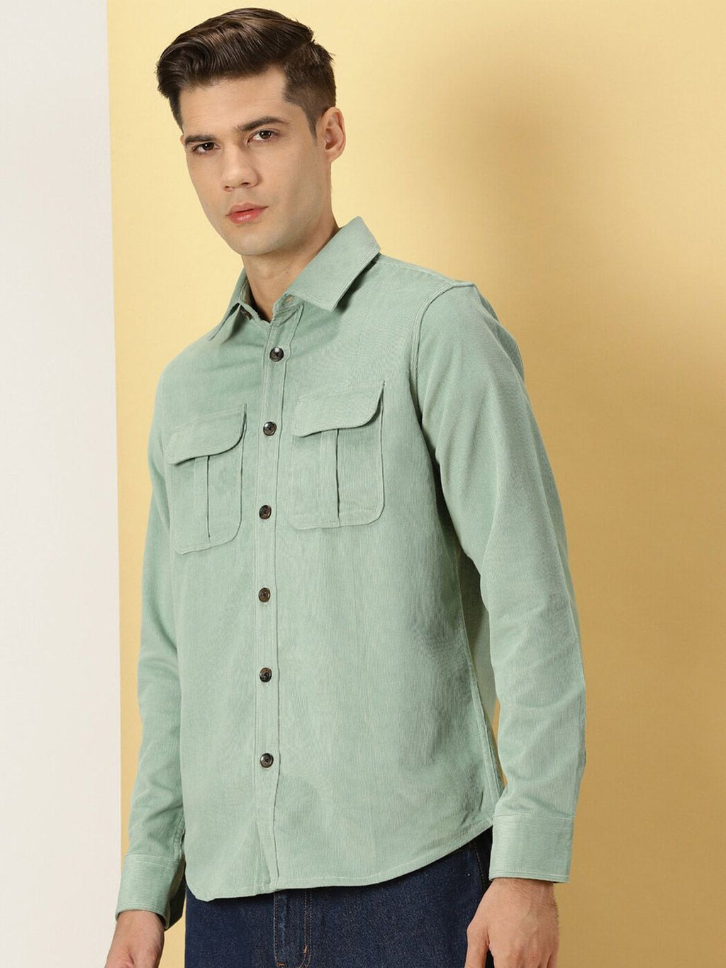 Green Premium Slim Fit Corduroy Casual Shirt For Men