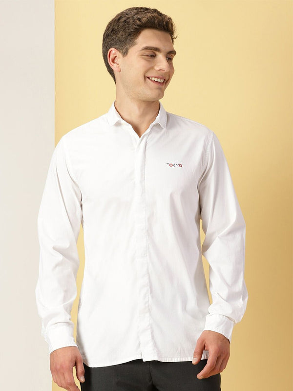 Thomas Scott Men White Classic Regular Fit Long Sleeves Spread Collar Solid Casual Shirt