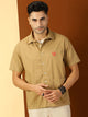 Thomas Scott Men Khaki Classic Boxy Fit Short Sleeves Spread Collar Cotton Casual Shirt
