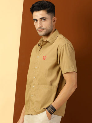 Thomas Scott Men Khaki Classic Boxy Fit Short Sleeves Spread Collar Cotton Casual Shirt