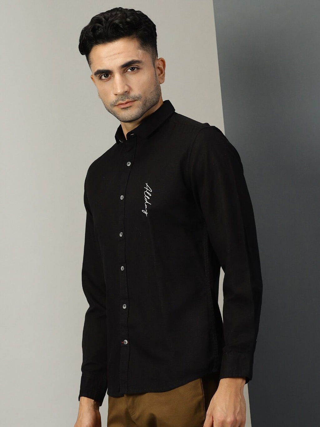 Black Typography Printed Classic Regular Fit Casual Shirt For Men