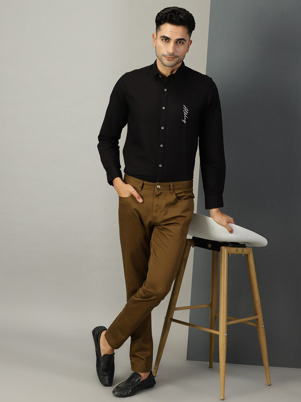 Black Typography Printed Classic Regular Fit Casual Shirt For Men
