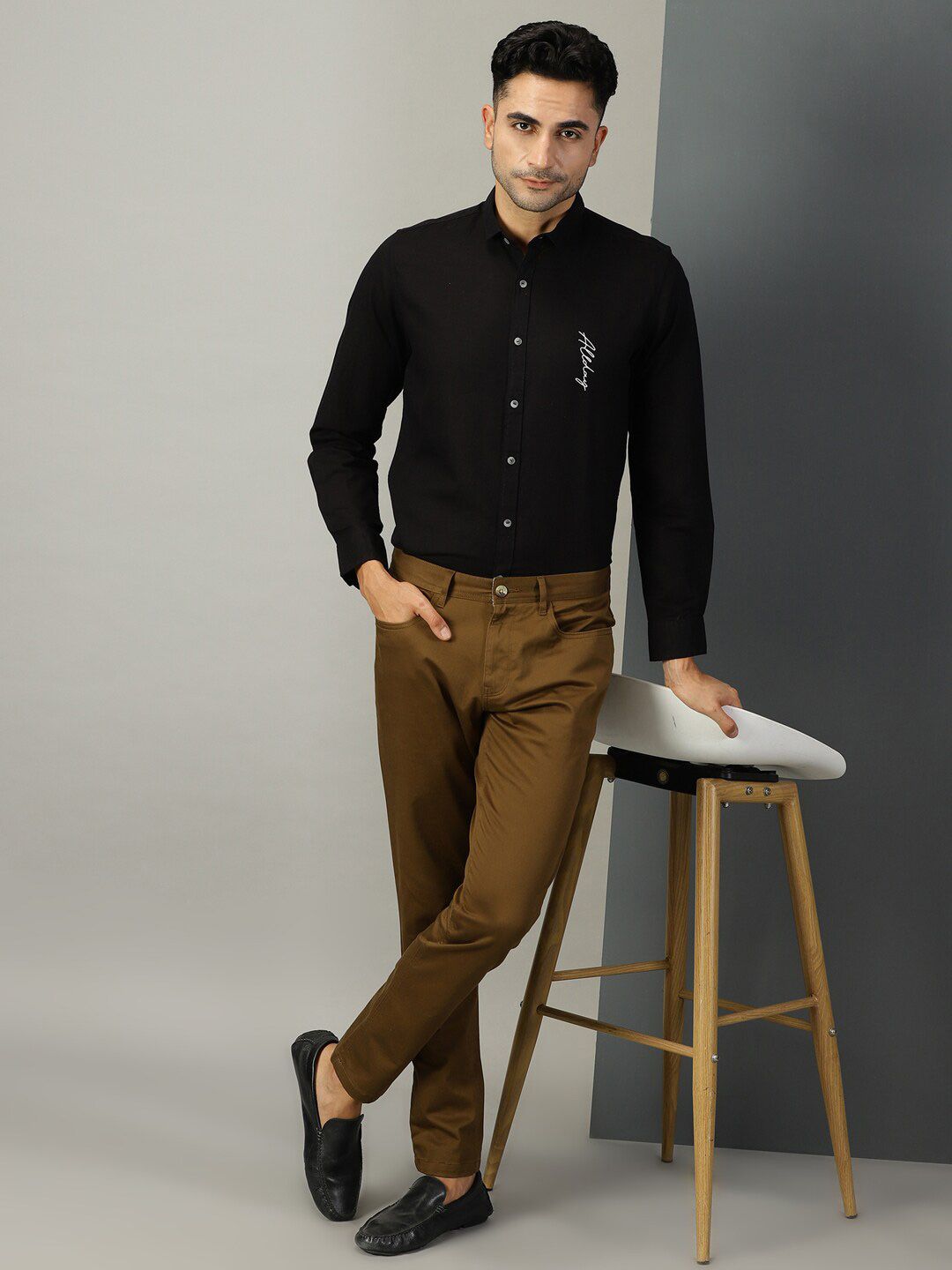 Black Typography Printed Classic Regular Fit Casual Shirt For Men