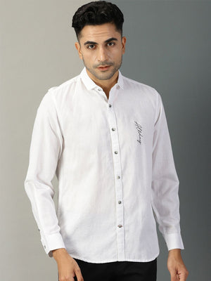 Thomas Scott Men White Classic Regular Fit Long Sleeves Spread Collar Typography Printed Cotton Linen Casual Shirt