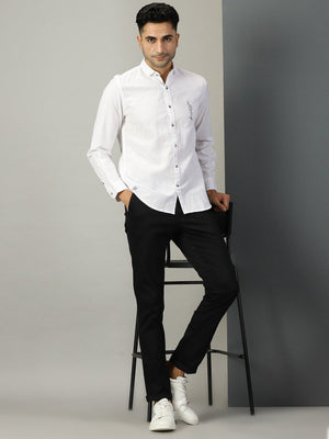 Thomas Scott Men White Classic Regular Fit Long Sleeves Spread Collar Typography Printed Cotton Linen Casual Shirt