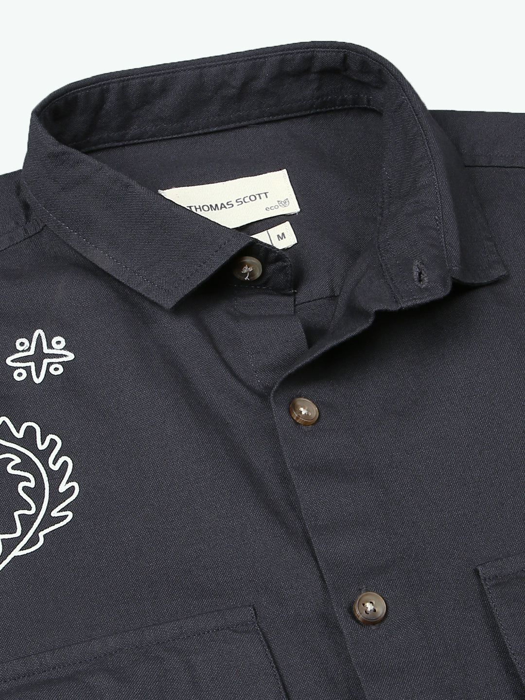 Thomas Scott Men Grey Regular Fit Short Sleeves Spread Collar 100% Cotton Embroidered Oxford Shirt