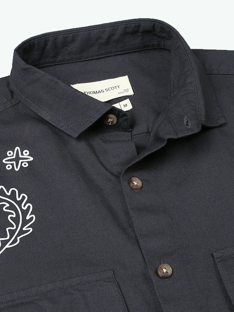 Thomas Scott Men Grey Regular Fit Short Sleeves Spread Collar 100% Cotton Embroidered Oxford Shirt