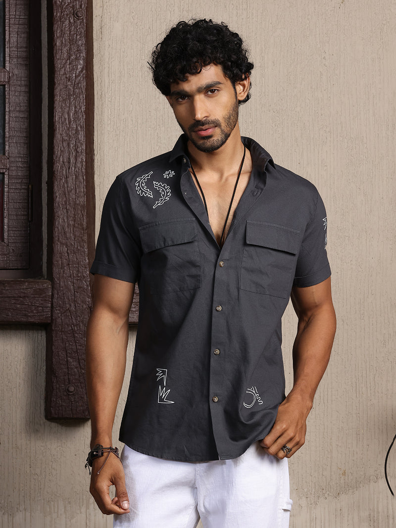 Thomas Scott Men Grey Regular Fit Short Sleeves Spread Collar 100% Cotton Embroidered Oxford Shirt