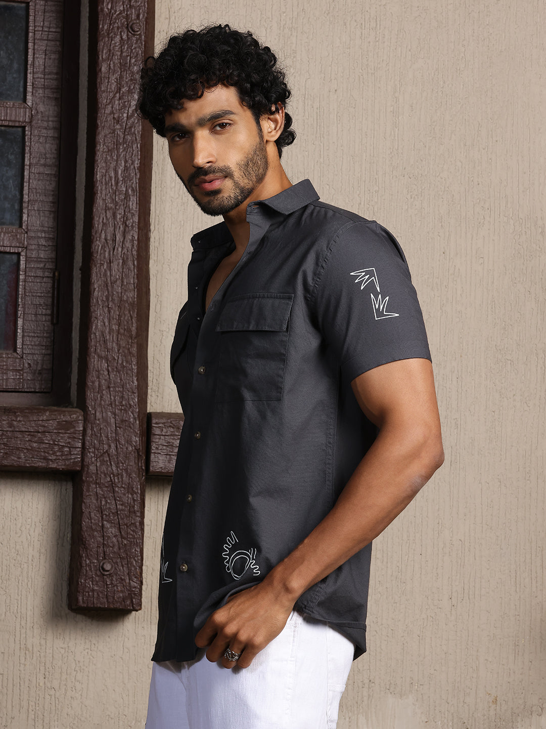 Thomas Scott Men Grey Regular Fit Short Sleeves Spread Collar 100% Cotton Embroidered Oxford Shirt