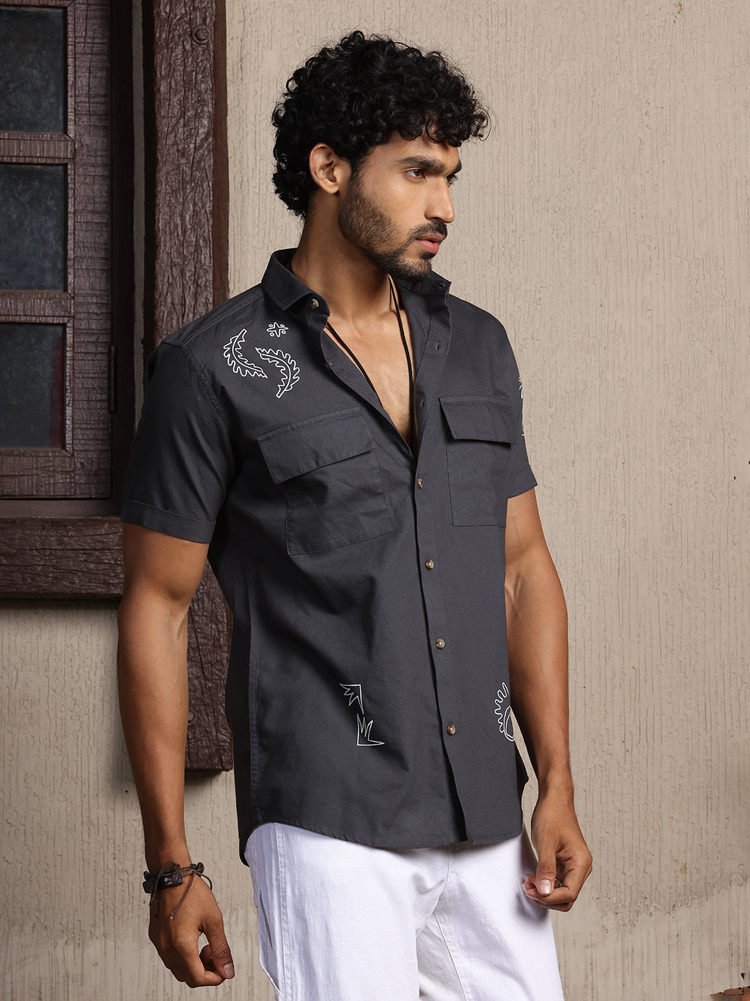Thomas Scott Men Grey Regular Fit Short Sleeves Spread Collar 100% Cotton Embroidered Oxford Shirt