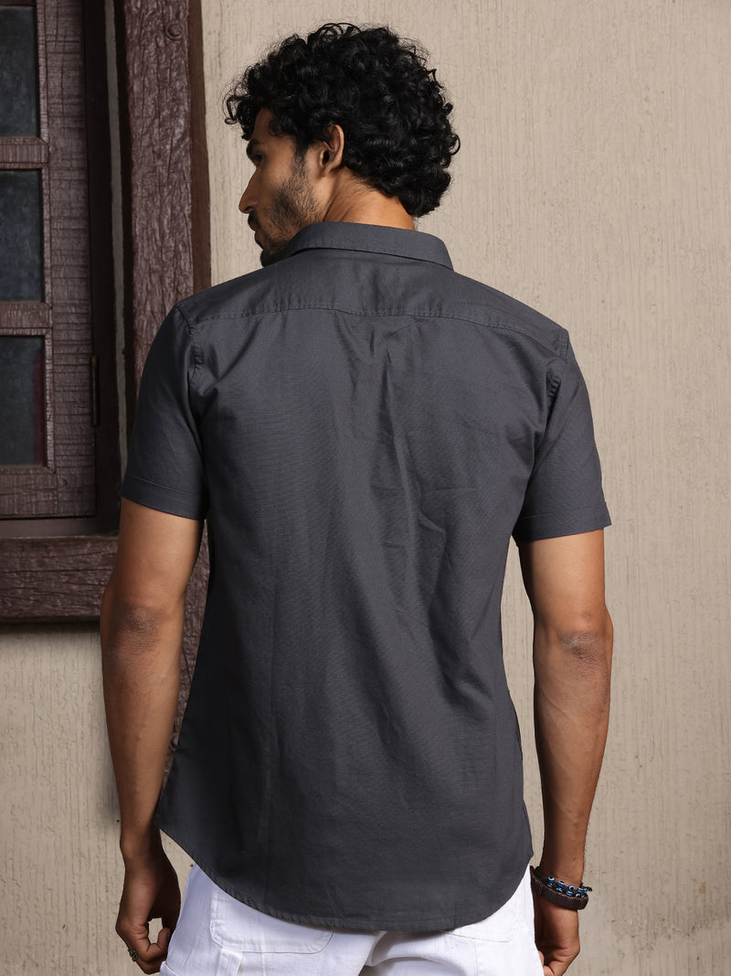 Thomas Scott Men Grey Regular Fit Short Sleeves Spread Collar 100% Cotton Embroidered Oxford Shirt