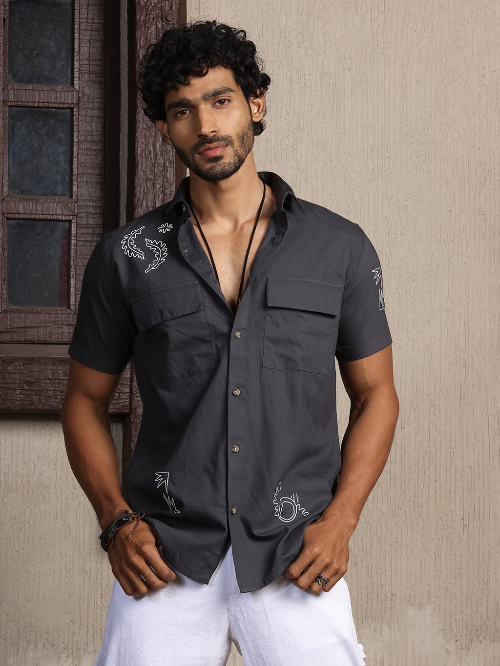 Thomas Scott Men Grey Regular Fit Short Sleeves Spread Collar 100% Cotton Embroidered Oxford Shirt