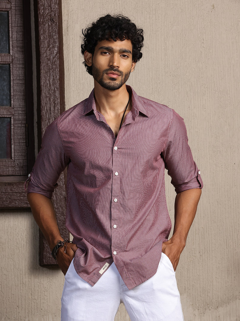 Thomas Scott Men Spread Collar Long Sleeves Cotton Regular Fit Striped Premium Casual Shirt