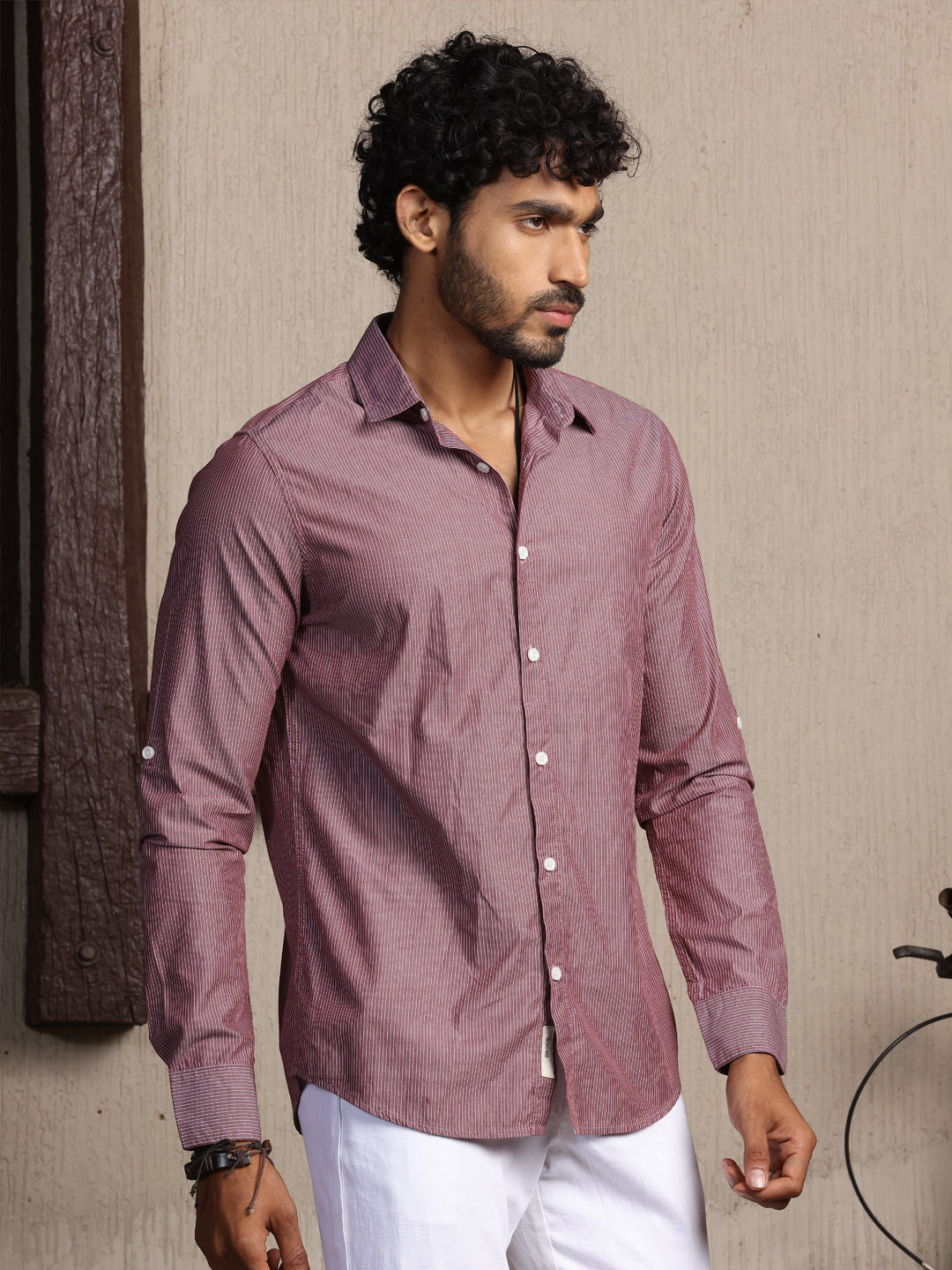 Thomas Scott Men Spread Collar Long Sleeves Cotton Regular Fit Striped Premium Casual Shirt