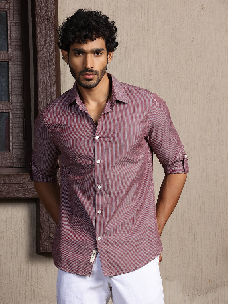Thomas Scott Men Spread Collar Long Sleeves Cotton Regular Fit Striped Premium Casual Shirt