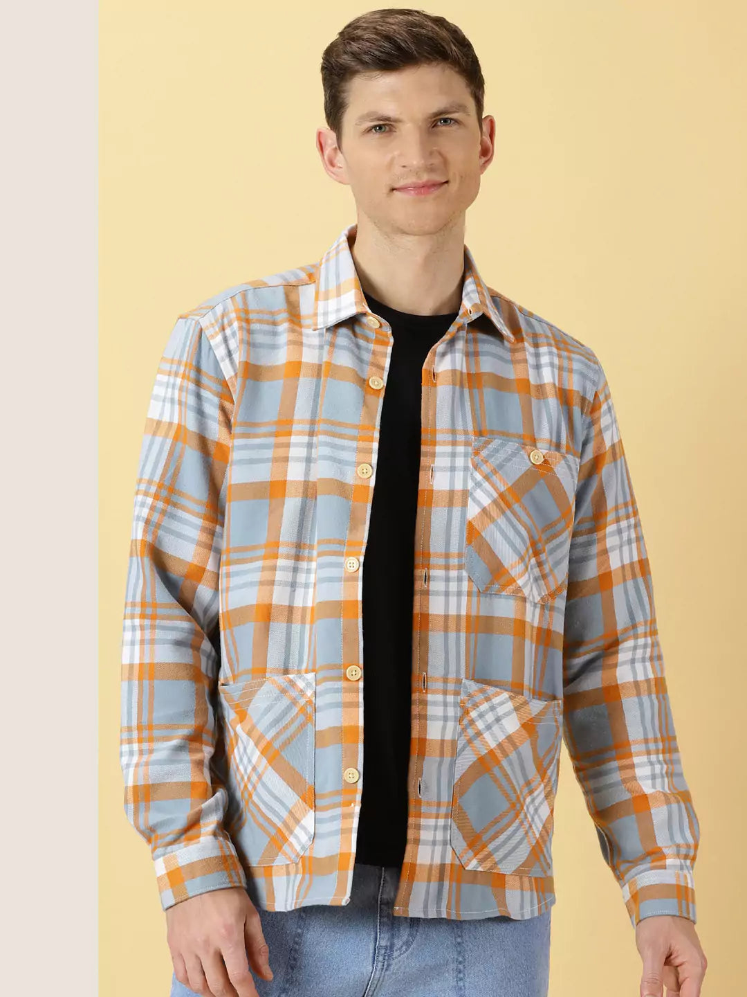 Thomas Scott Men Classic Spread Collar Long Sleeves Checked Oversized Casual Shirt