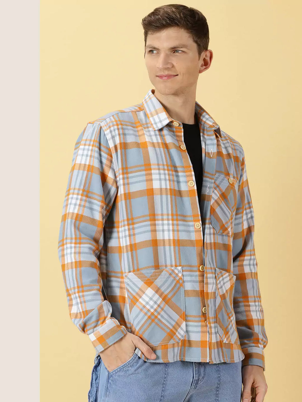Thomas Scott Men Classic Spread Collar Long Sleeves Checked Oversized Casual Shirt