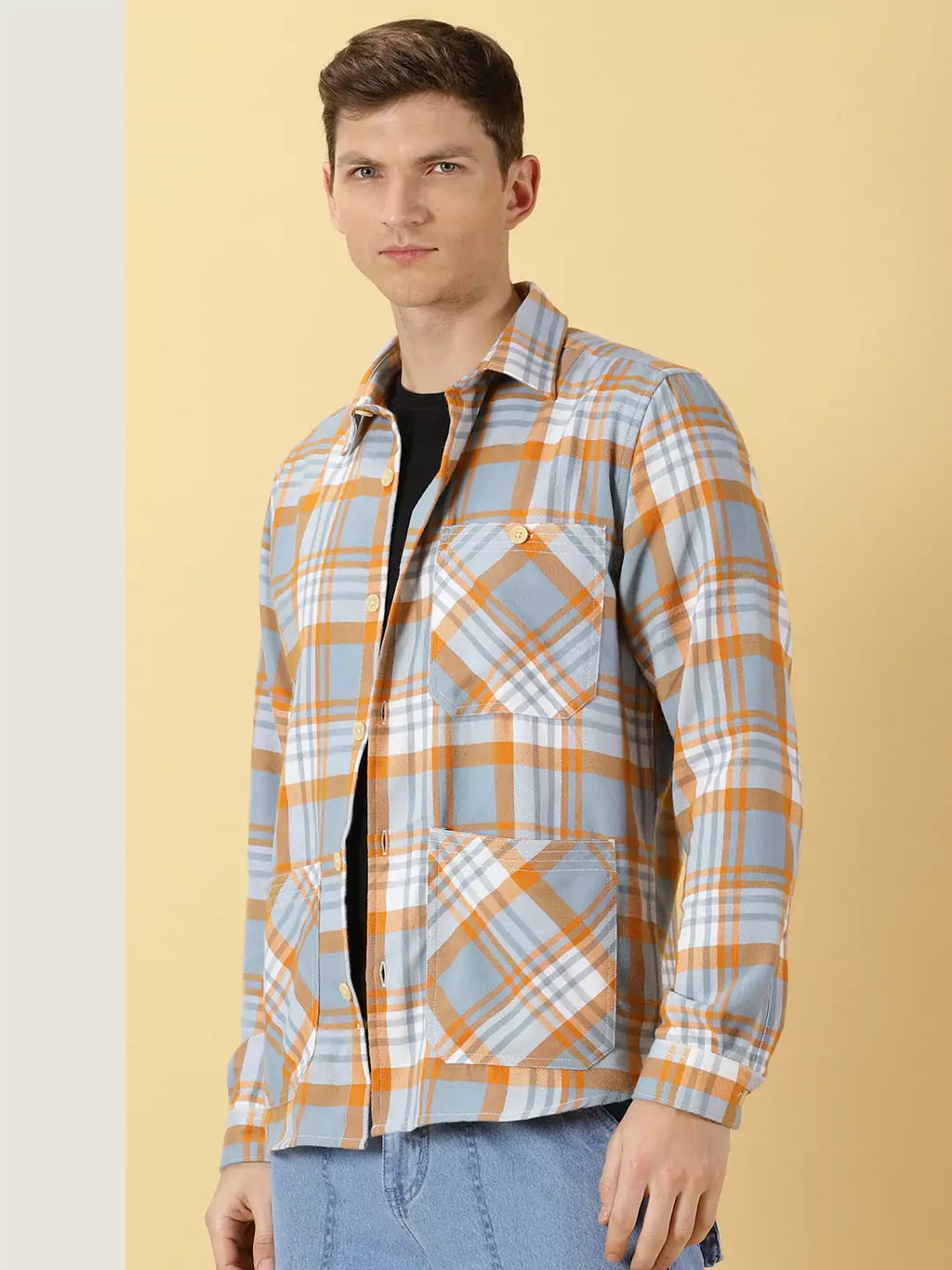 Thomas Scott Men Classic Spread Collar Long Sleeves Checked Oversized Casual Shirt