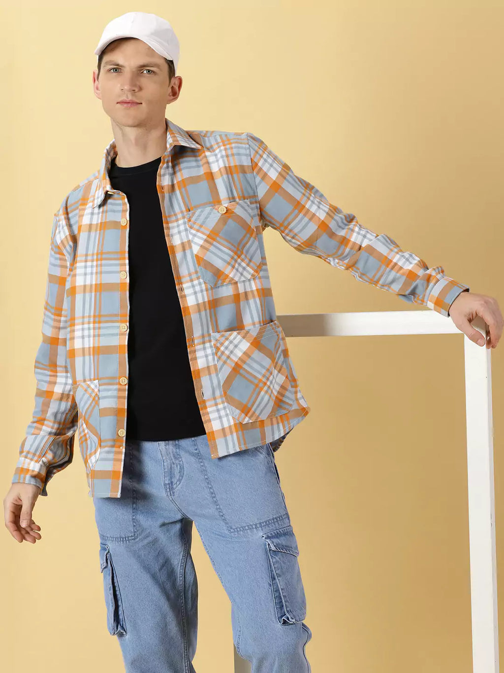Thomas Scott Men Classic Spread Collar Long Sleeves Checked Oversized Casual Shirt