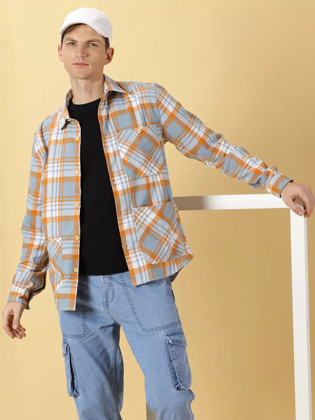Thomas Scott Men Classic Spread Collar Long Sleeves Checked Oversized Casual Shirt