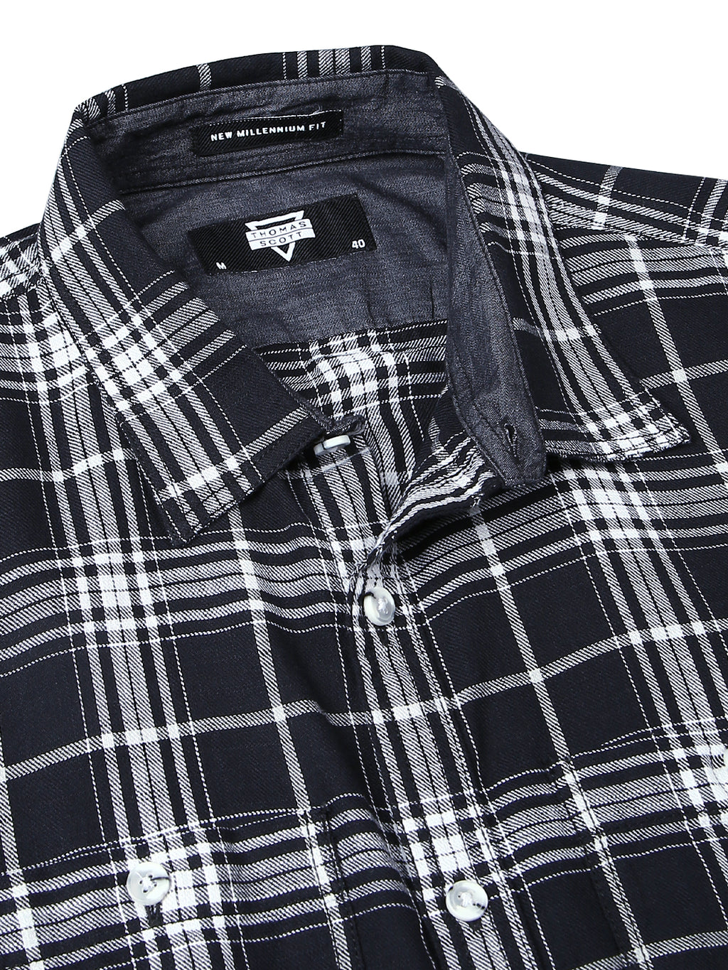 Thomas Scott Men Black Slim Fit Long Sleeves Spread Collar Tartan Checks 100% Cotton Casual Shirt