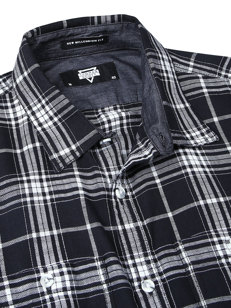 Thomas Scott Men Black Slim Fit Long Sleeves Spread Collar Tartan Checks 100% Cotton Casual Shirt