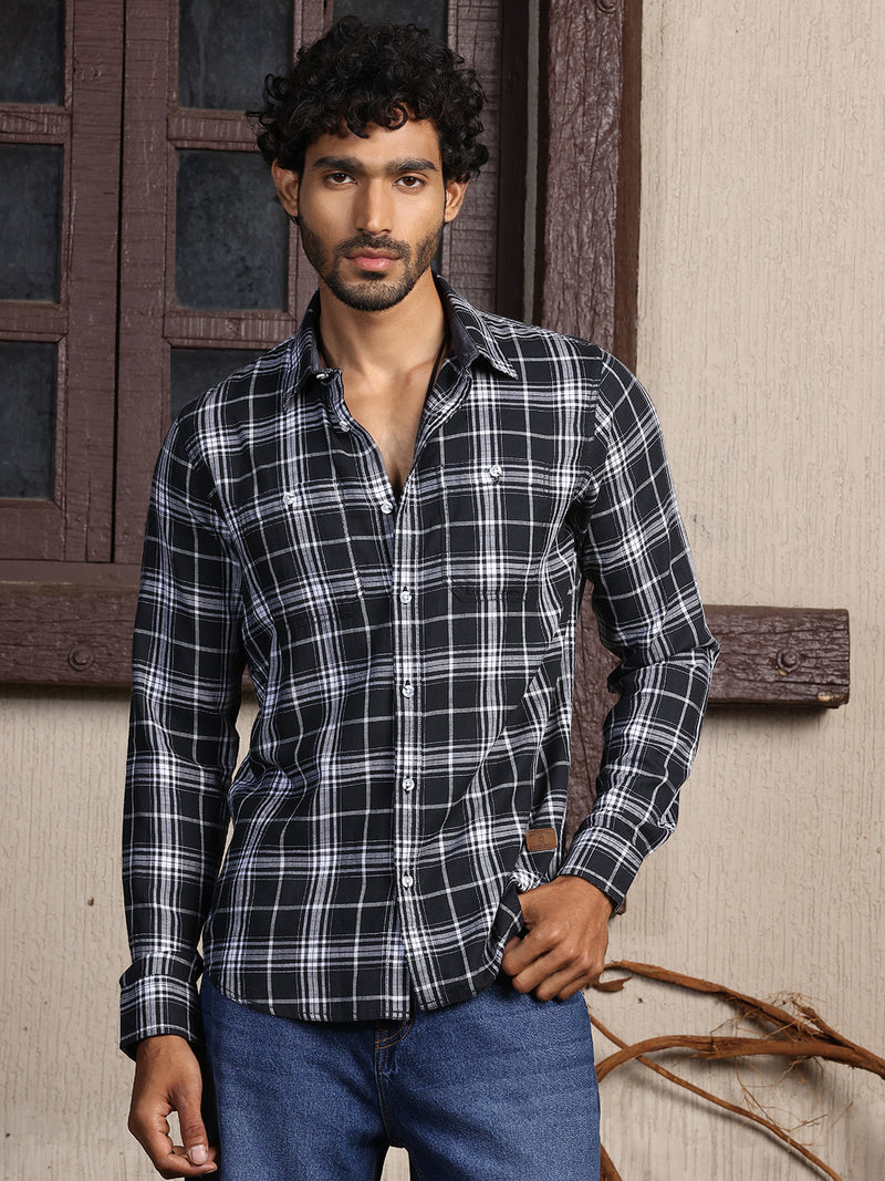 Thomas Scott Men Black Slim Fit Long Sleeves Spread Collar Tartan Checks 100% Cotton Casual Shirt