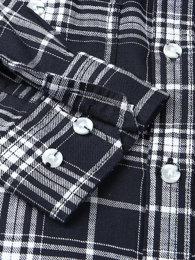 Thomas Scott Men Black Slim Fit Long Sleeves Spread Collar Tartan Checks 100% Cotton Casual Shirt