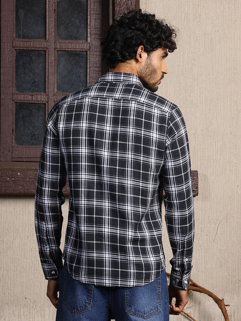 Thomas Scott Men Black Slim Fit Long Sleeves Spread Collar Tartan Checks 100% Cotton Casual Shirt