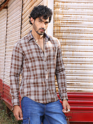 Thomas Scott Men Slim Fit Tartan Checked Spread Collar Long Sleeves Cotton Casual Shirt