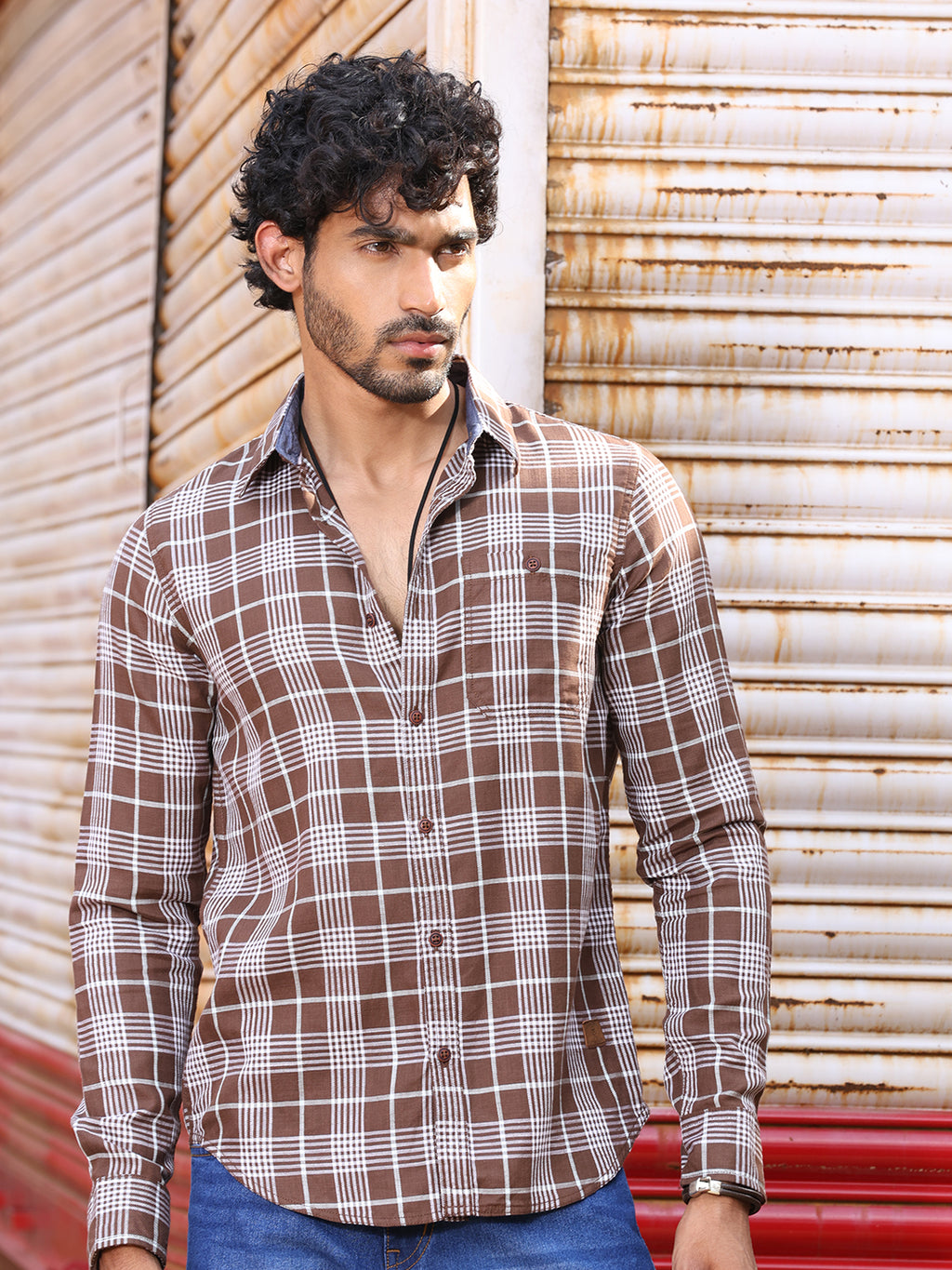 Thomas Scott Men Slim Fit Tartan Checked Spread Collar Long Sleeves Cotton Casual Shirt