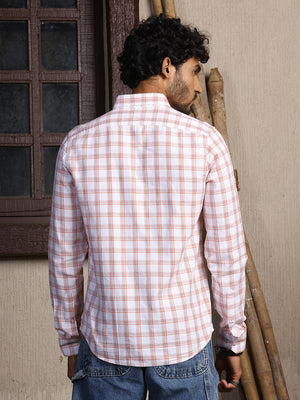 Thomas Scott Men Orange Long Sleeves Slim Fit Button-Down Collar Tartan Checks 100% Cotton Twill Shirt