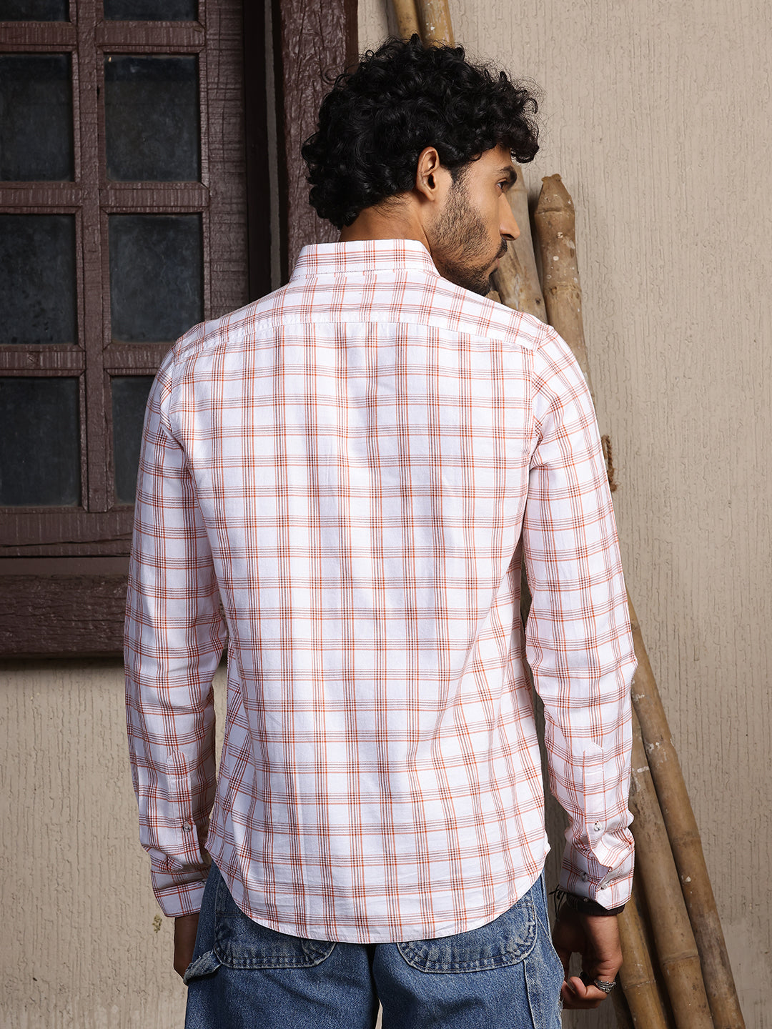 Thomas Scott Men Orange Long Sleeves Slim Fit Button-Down Collar Tartan Checks 100% Cotton Twill Shirt