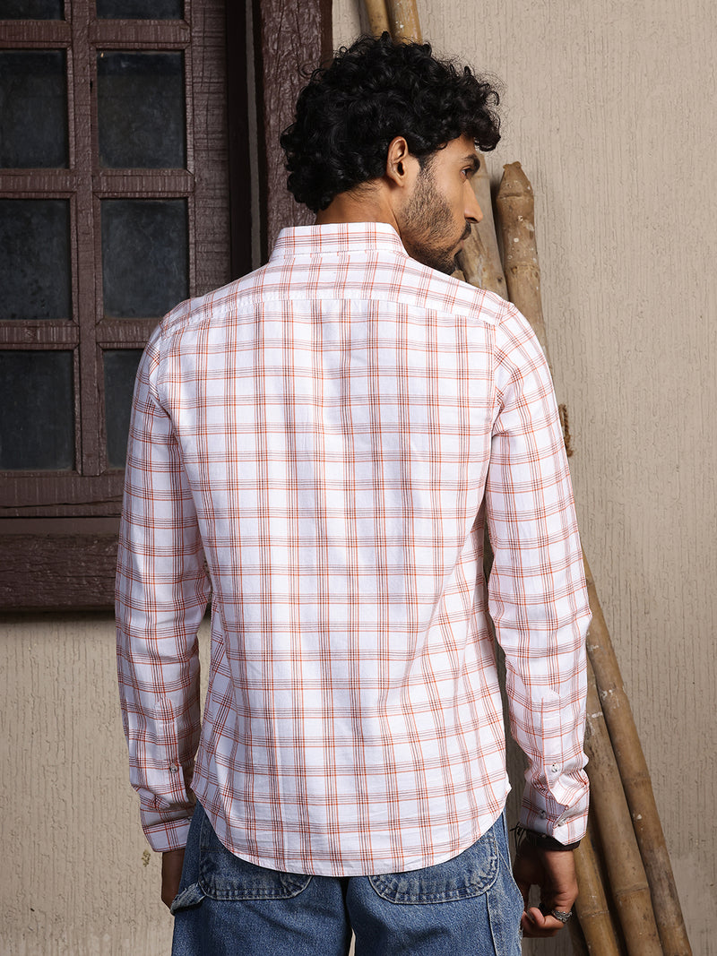 Thomas Scott Men Orange Long Sleeves Slim Fit Button-Down Collar Tartan Checks 100% Cotton Twill Shirt