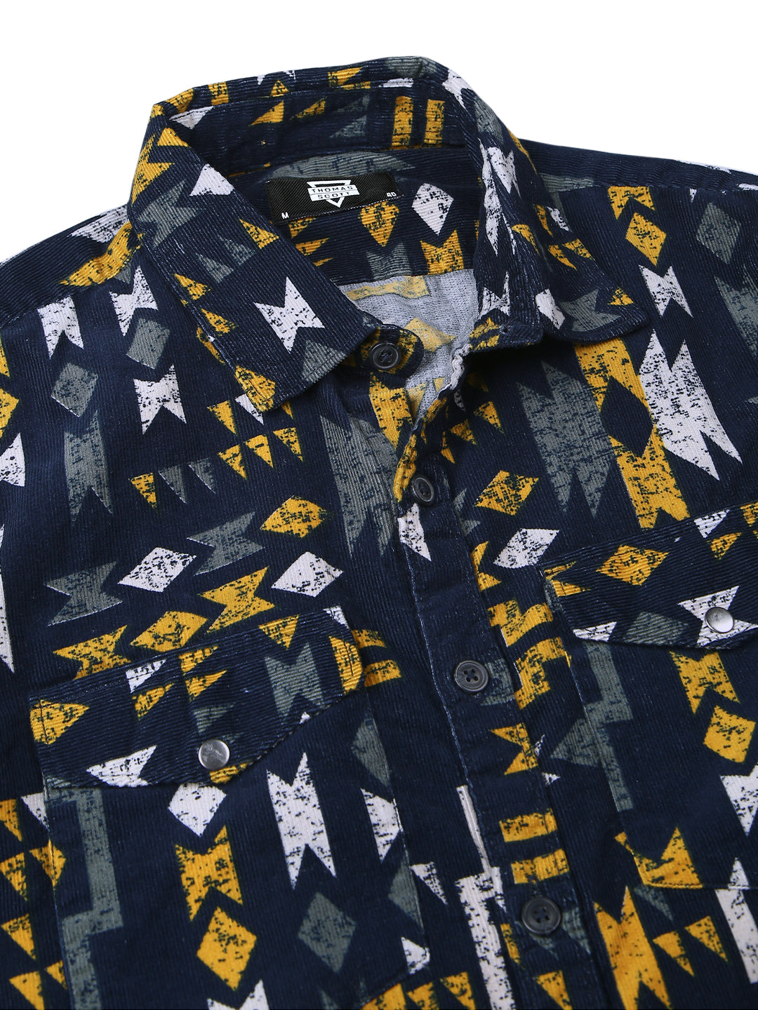 Thomas Scott Men Navy Slim Fit Long Sleeves Spread Collar Abstract Printed Corduroy Casual Shirt
