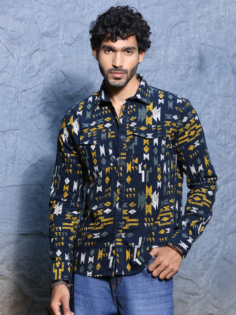Thomas Scott Men Navy Slim Fit Long Sleeves Spread Collar Abstract Printed Corduroy Casual Shirt