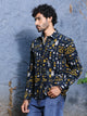 Thomas Scott Men Navy Slim Fit Long Sleeves Spread Collar Abstract Printed Corduroy Casual Shirt