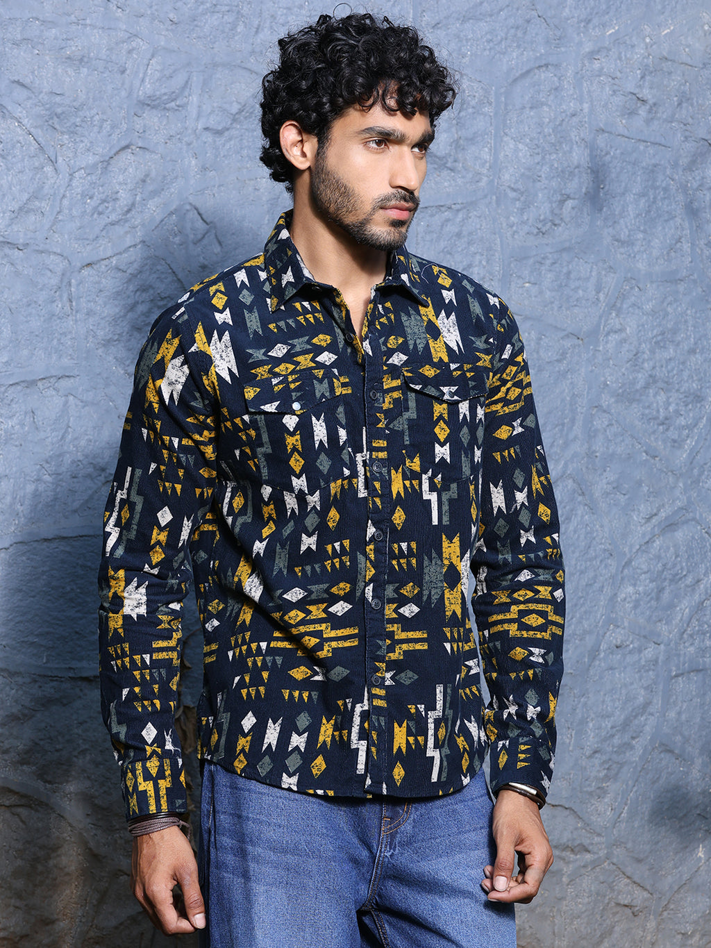 Thomas Scott Men Navy Slim Fit Long Sleeves Spread Collar Abstract Printed Corduroy Casual Shirt
