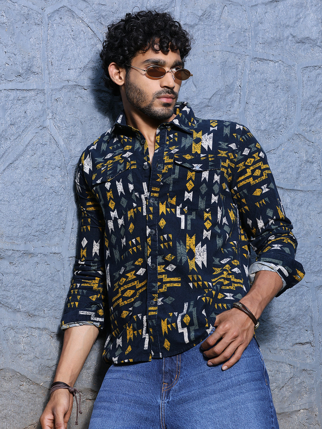 Thomas Scott Men Navy Slim Fit Long Sleeves Spread Collar Abstract Printed Corduroy Casual Shirt