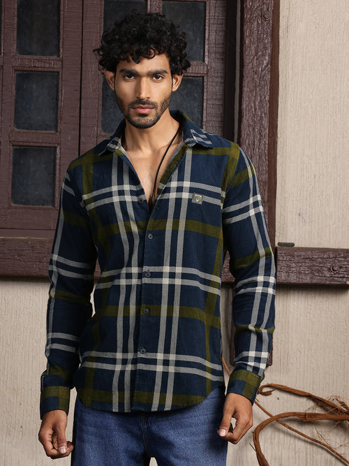 Thomas Scott Men Navy Premium Slim Fit Long Sleeves Spread Collar Tartan Checks Cotton Corduroy Casual Shirt
